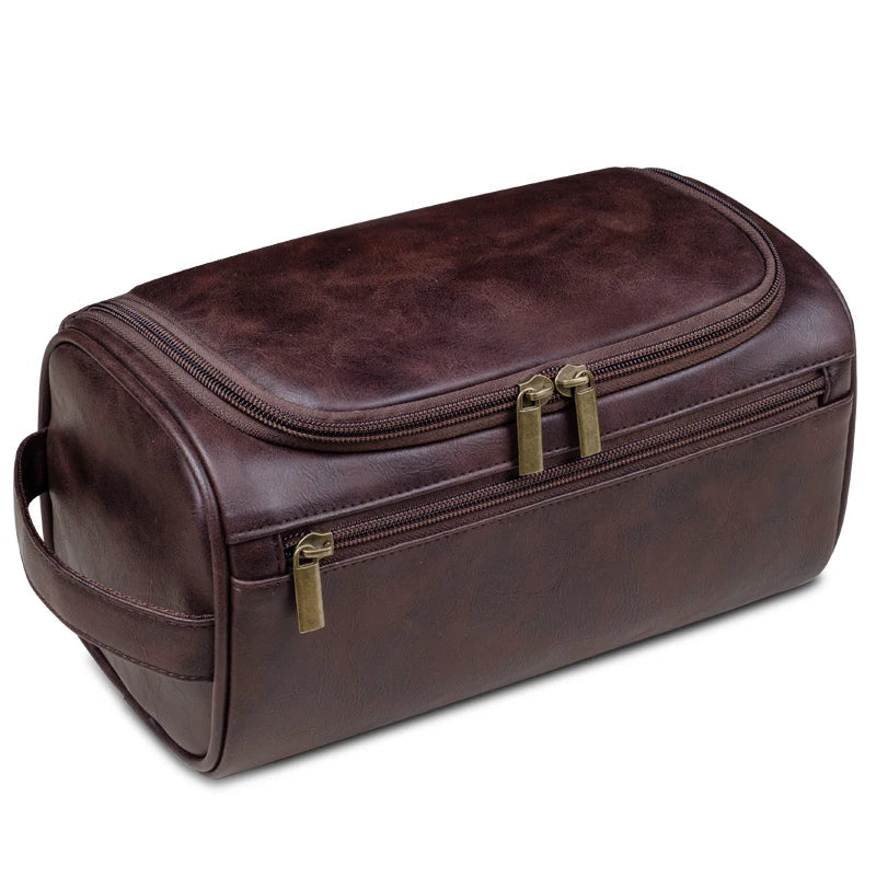 Elegant brown men's luxury travel toiletry bag. A stylish grooming kit and portable organizer for essentials.