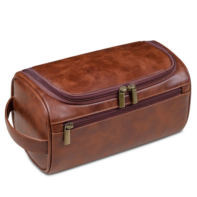 Premium black men's luxury travel toiletry bag. Waterproof lining, ideal as a dopp kit or travel organizer.