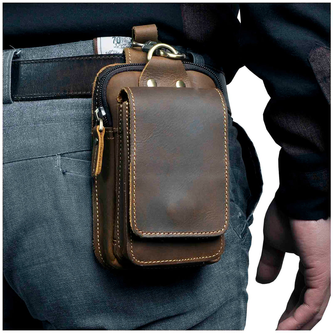 Dark brown men's premium multi-pocket waist bag for everyday carry, organized storage & style.
