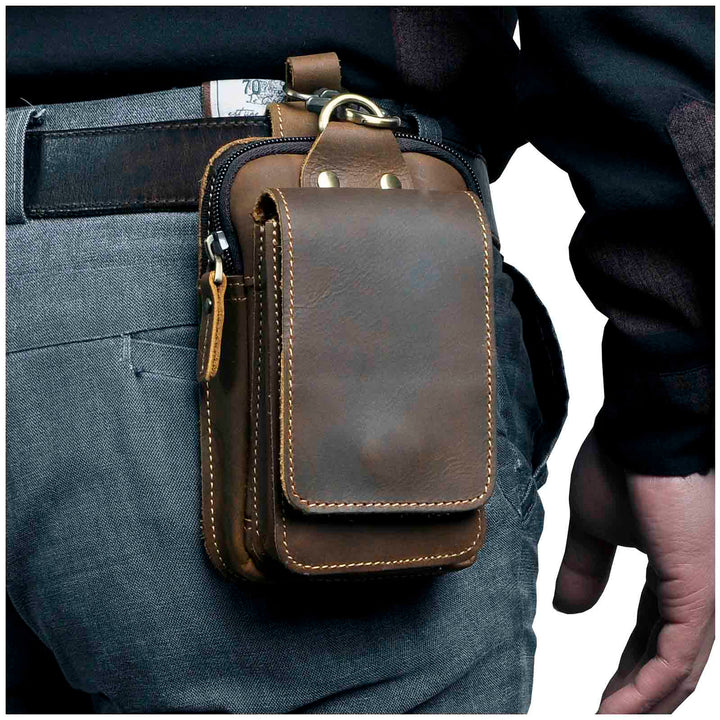 Dark brown men's premium multi-pocket waist bag for everyday carry, organized storage & style.