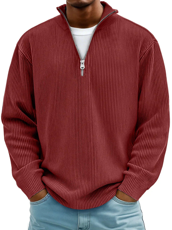 Stylish men's half-zip pullover sweater with ribbed knit texture for casual and comfortable wear.