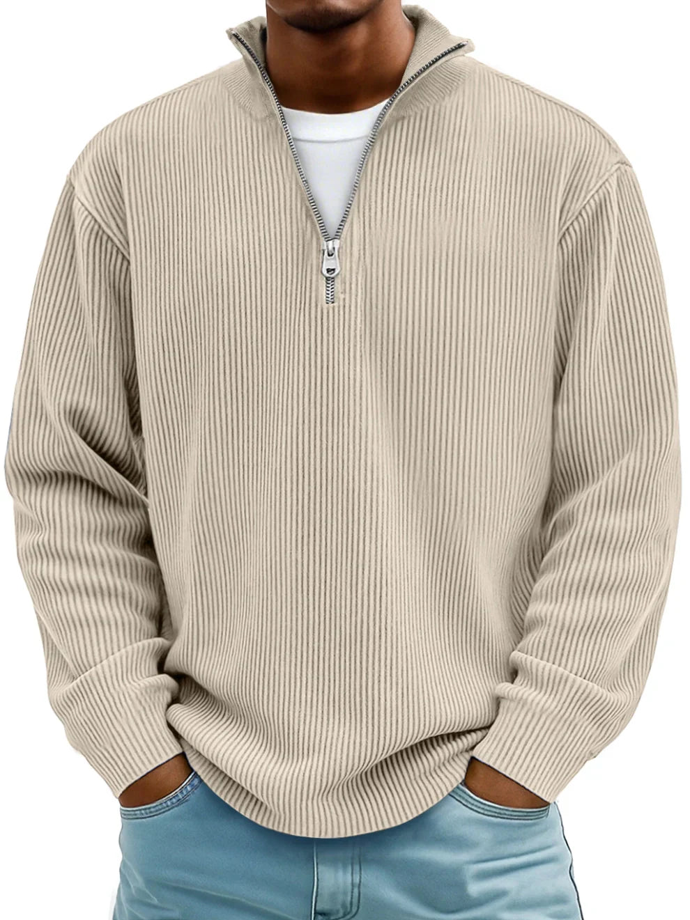 Modern men's half-zip ribbed knit sweater. A comfortable long sleeve pullover for men.