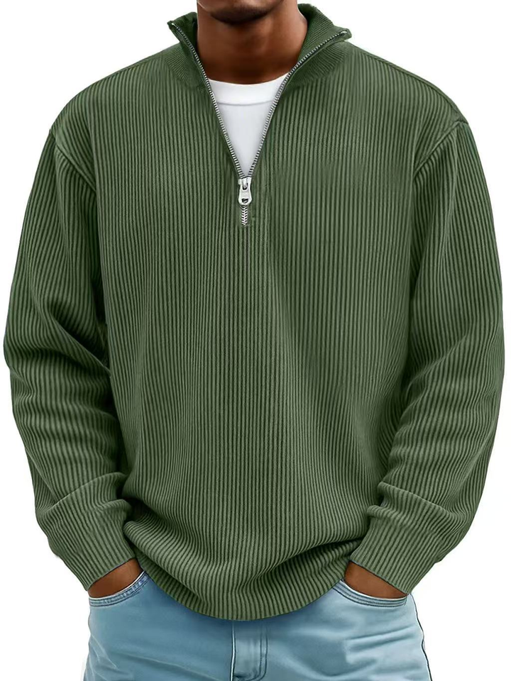Premium men's long sleeve half-zip ribbed sweater. Essential for fall/winter layering.