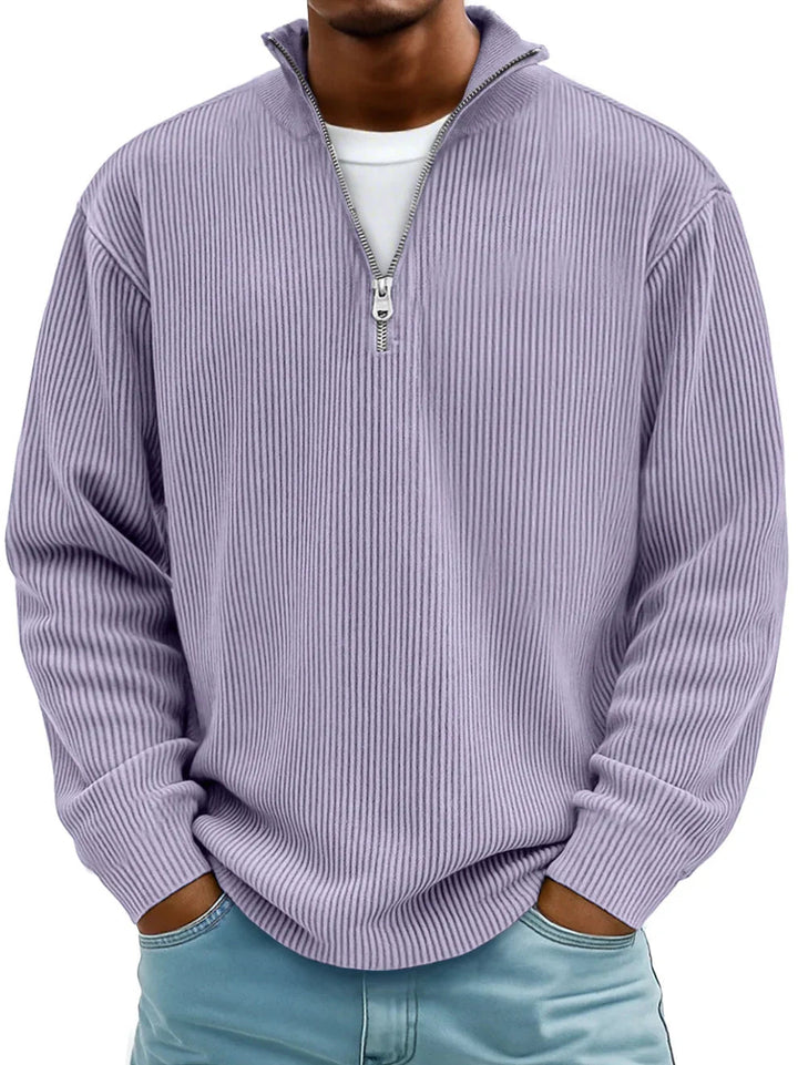 Comfortable men's long sleeve ribbed half-zip sweater, perfect for fall casual wear.