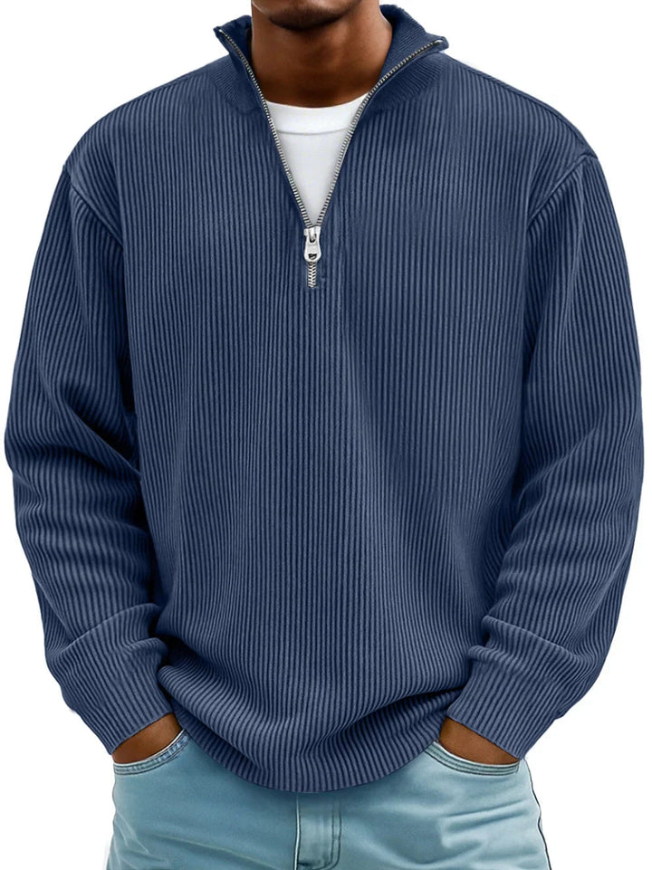 Versatile men's ribbed half-zip sweater, great for stylish casual wear and seasonal layering.