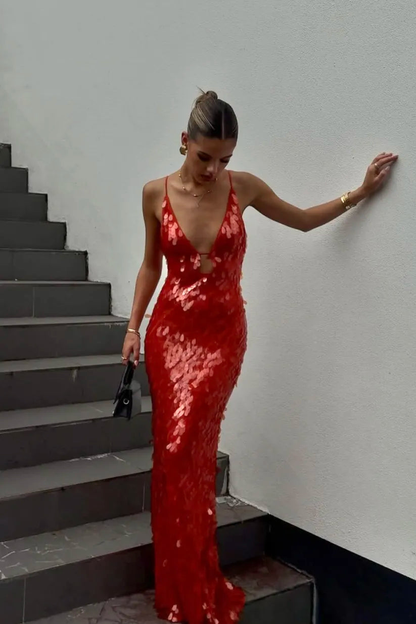 Dazzling red sequin V-neck backless homecoming dress for women, perfect for formal events.