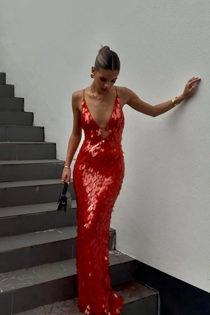 Dazzling red sequin V-neck backless homecoming dress for women, perfect for formal events.