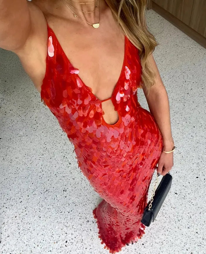 Sparkly red sequin formal gown, ideal for homecoming, prom, or evening wear occasions.