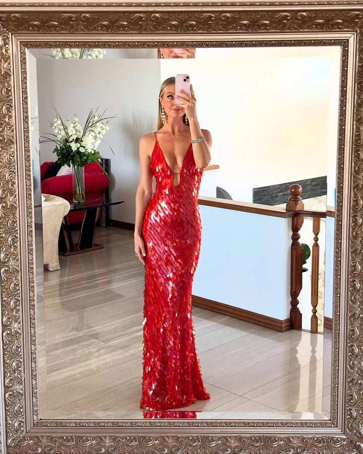 Beautiful red sequin homecoming dress for women, with a chic V-neck and daring backless cut.