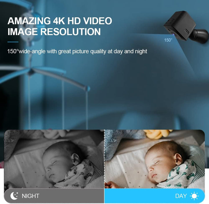 Compact WiFi hidden security camera, 4K night vision for discreet indoor home monitoring & motion alerts.