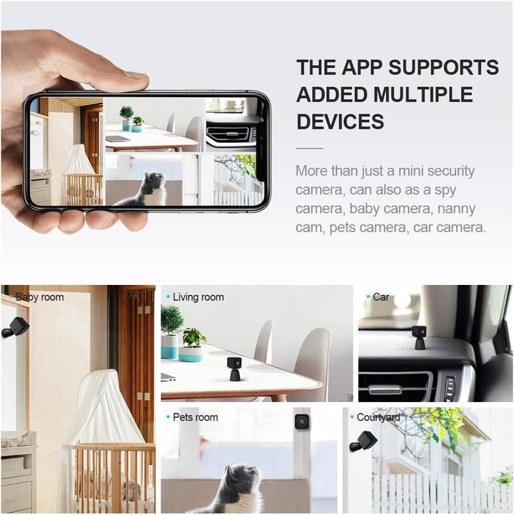 Small 4K WiFi hidden security camera for indoor use. Features night vision, motion detection for discreet home surveillance.