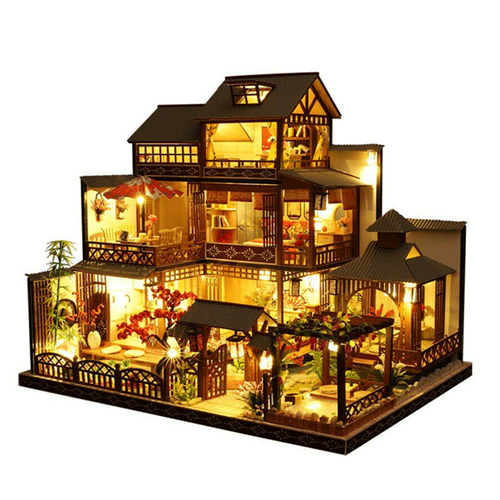 DIY miniature wooden dollhouse kit with LED lights for creative model building & fun craft projects.