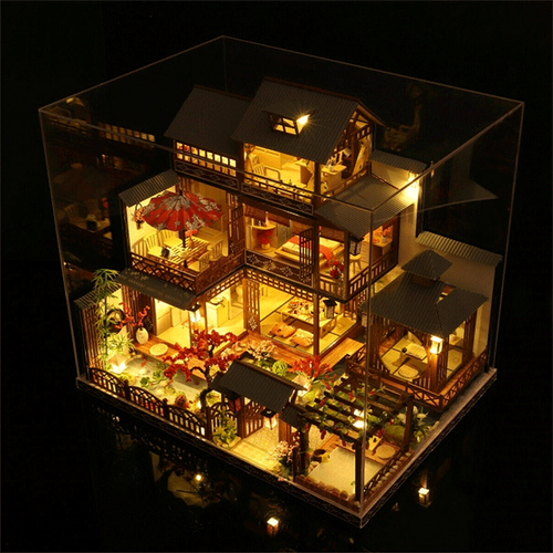 Unassembled DIY wooden dollhouse kit with all parts & LED lights, ideal craft project for adults & teens.