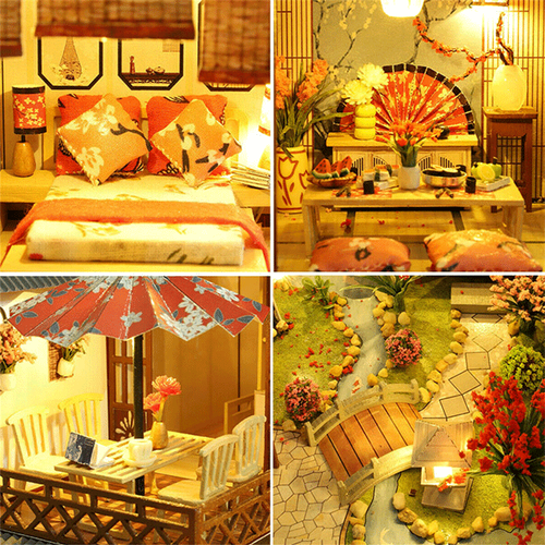 High-quality wooden pieces for a DIY miniature dollhouse, featuring intricate details & included LED lighting kit.