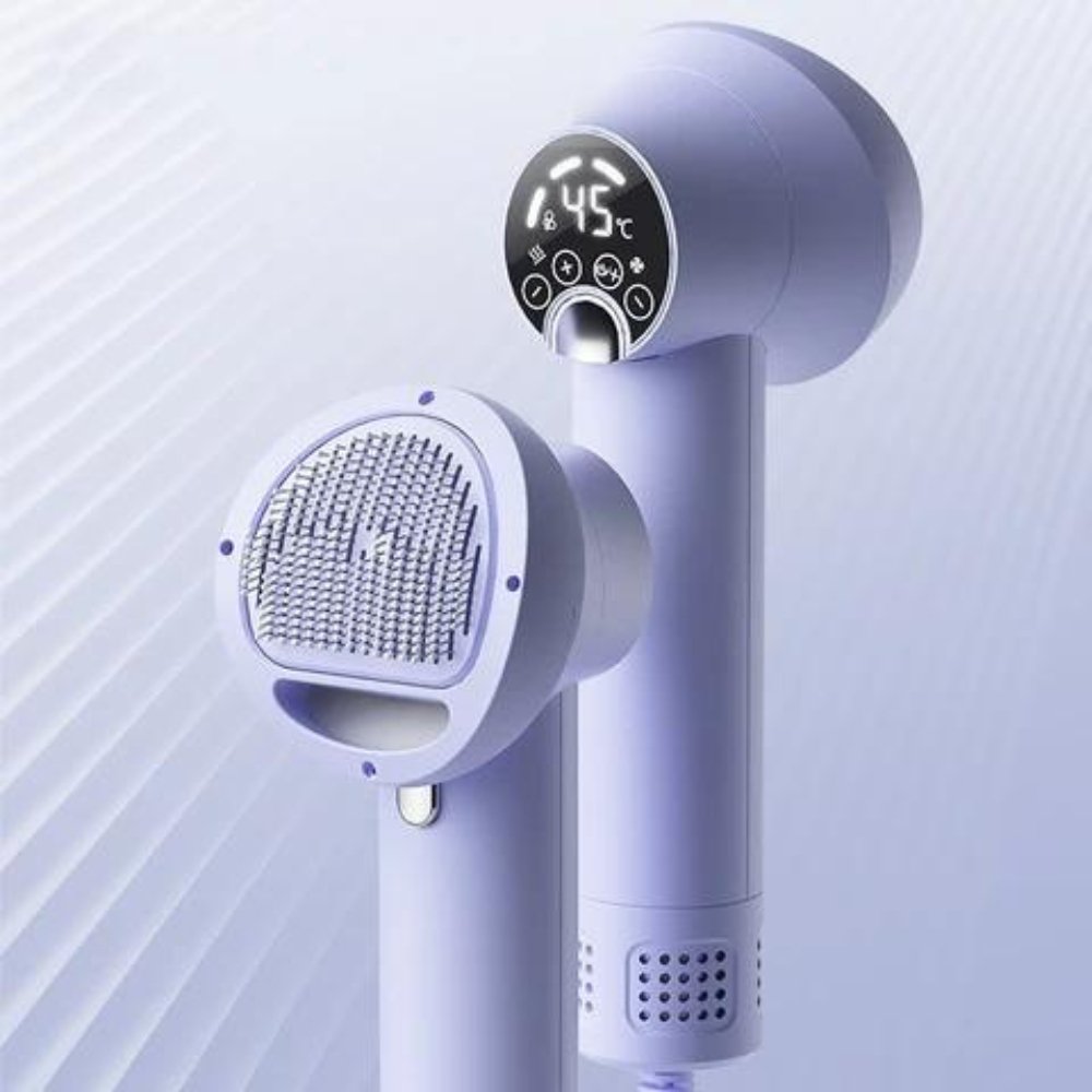 Dog 2-in-1 pet hair dryer and grooming brush for efficient drying & detangling. Essential dog grooming tool.