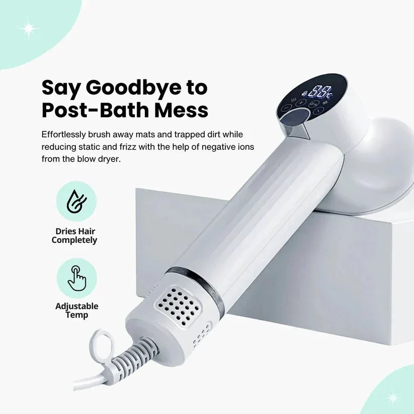 Ergonomic dog grooming tool: quiet pet hair dryer brush. Perfect for drying, detangling, & removing shedding fur.