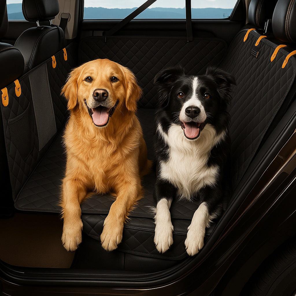 Waterproof dog car seat cover hammock, protecting vehicle interior from pets during travel.