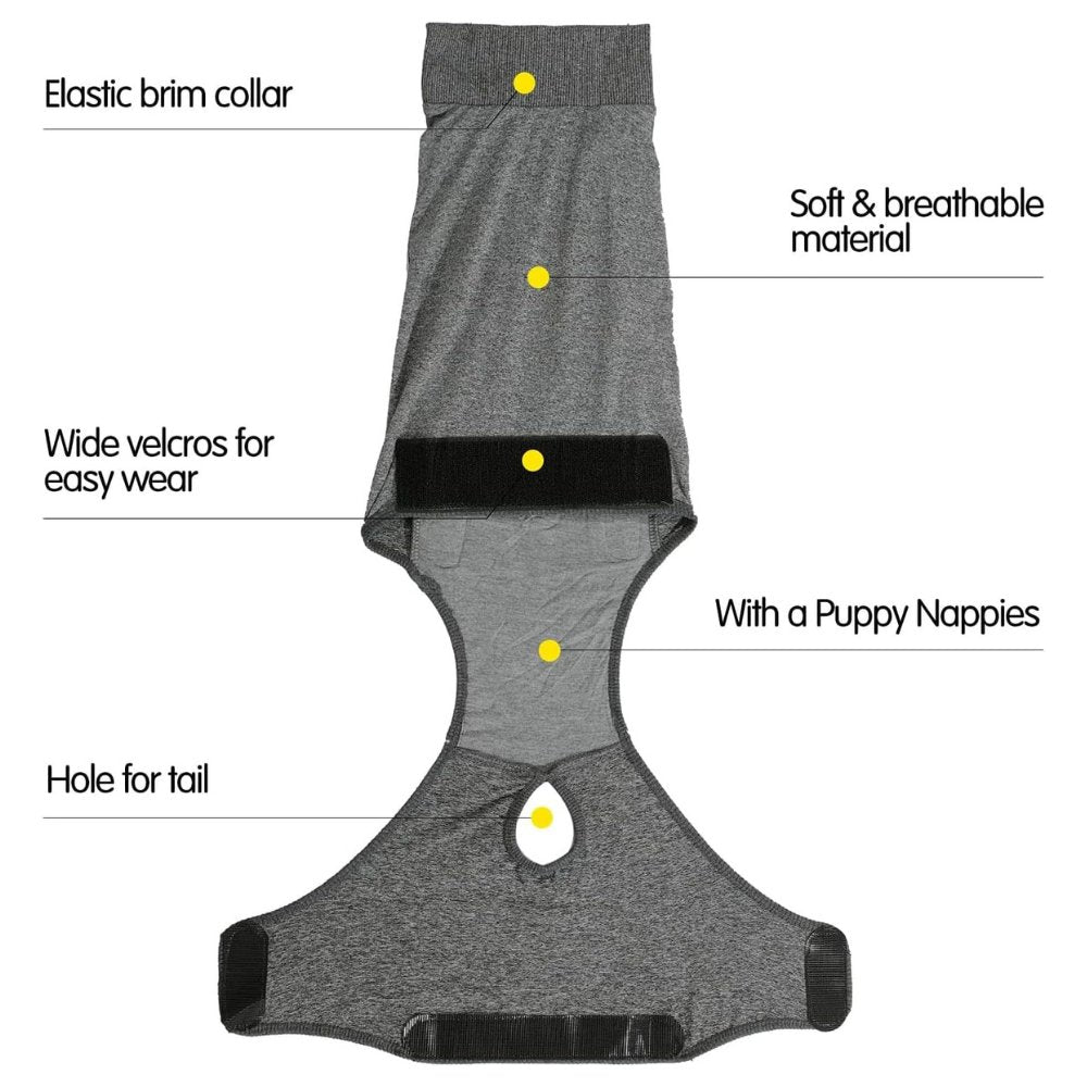 Multi-purpose dog recovery suit: post-surgery, anxiety vest, heat cycle & shedding solution.