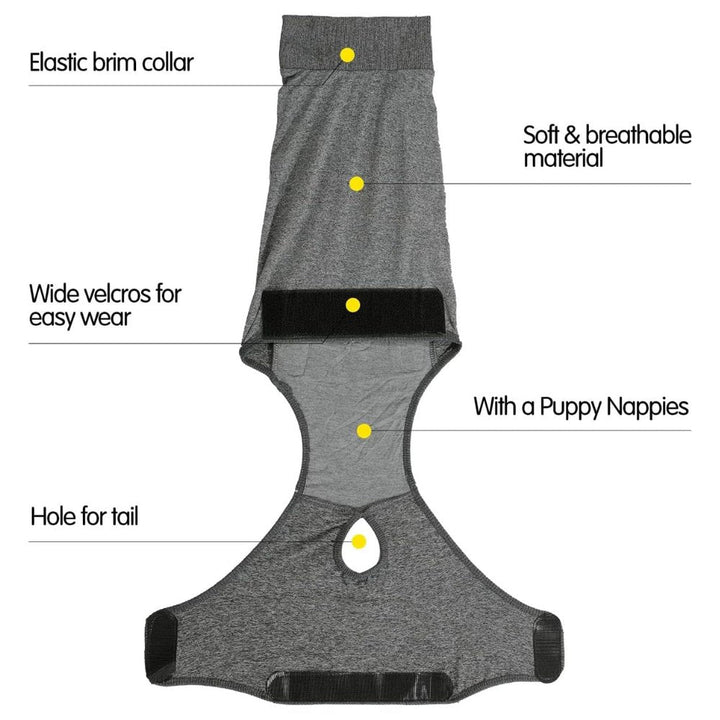 Multi-purpose dog recovery suit: post-surgery, anxiety vest, heat cycle & shedding solution.