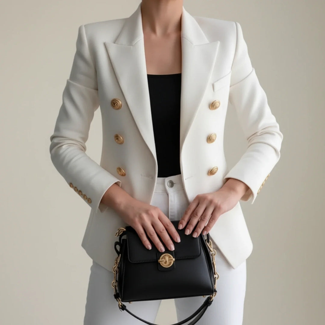 Elegant women's double-breasted tailored blazer with chic gold buttons, perfect for formal work wear or business casual.