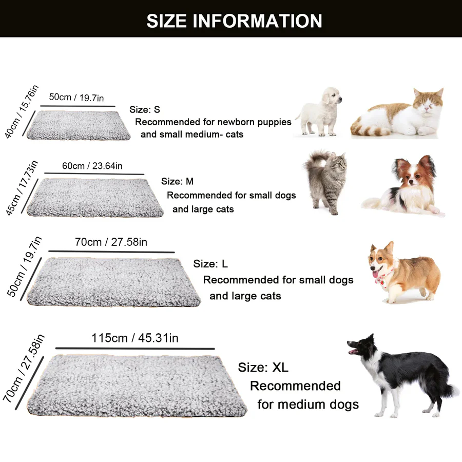 Dog resting on a self-warming, non-electric heating pad. Cozy pet comfort mat for dogs & cats.