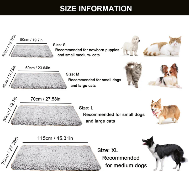 Dog resting on a self-warming, non-electric heating pad. Cozy pet comfort mat for dogs & cats.