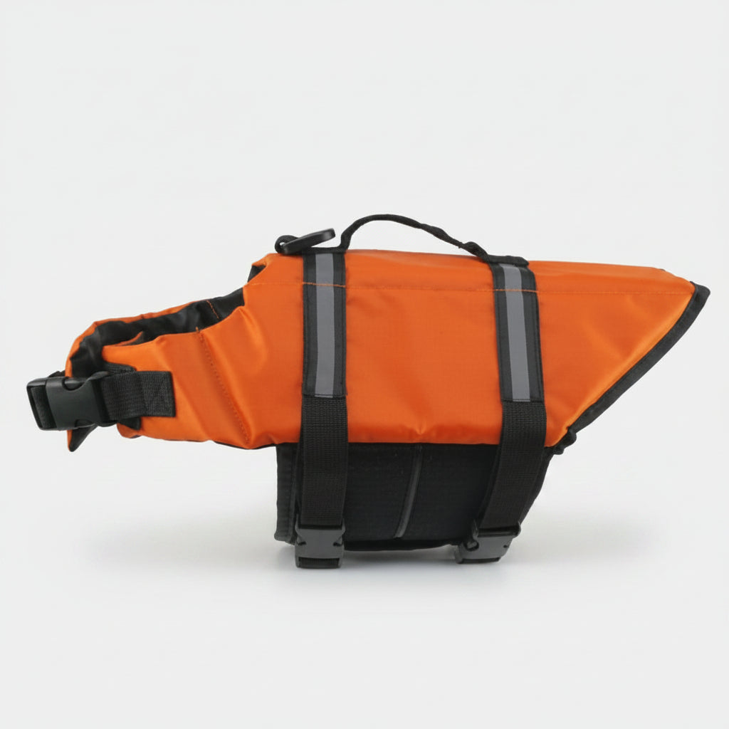 Adjustable dog life jacket with a strong rescue handle, ensuring canine water safety & support. Great for all breeds.