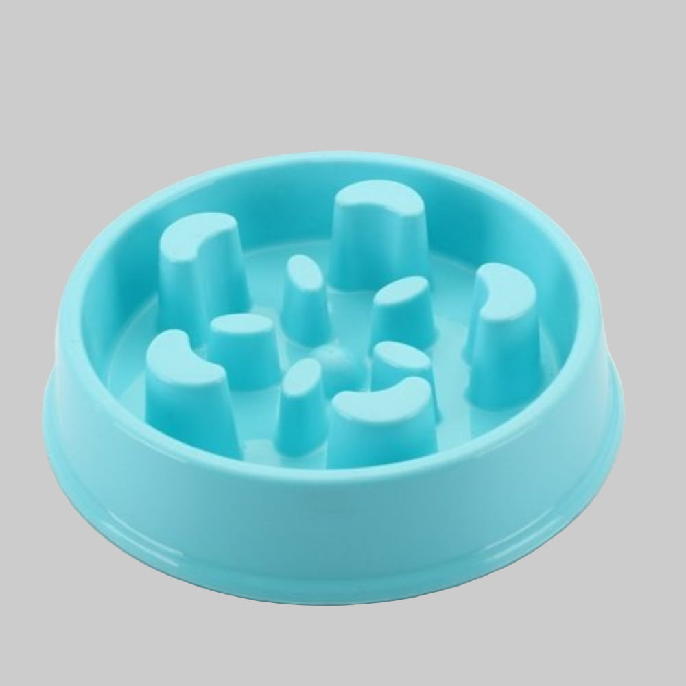 Blue non-slip food-grade plastic slow feeder dog bowl, designed to prevent choking & aid puppy digestion.