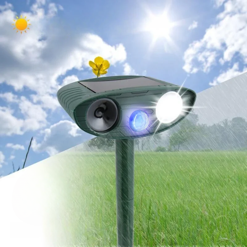 Eco-friendly solar-powered deer repeller for garden protection. Motion-activated ultrasonic animal deterrent.