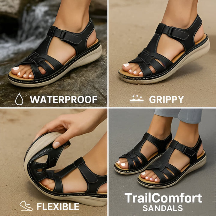 Side view: Women's walking sandals, showcasing arch support, adjustable straps & durable sole.