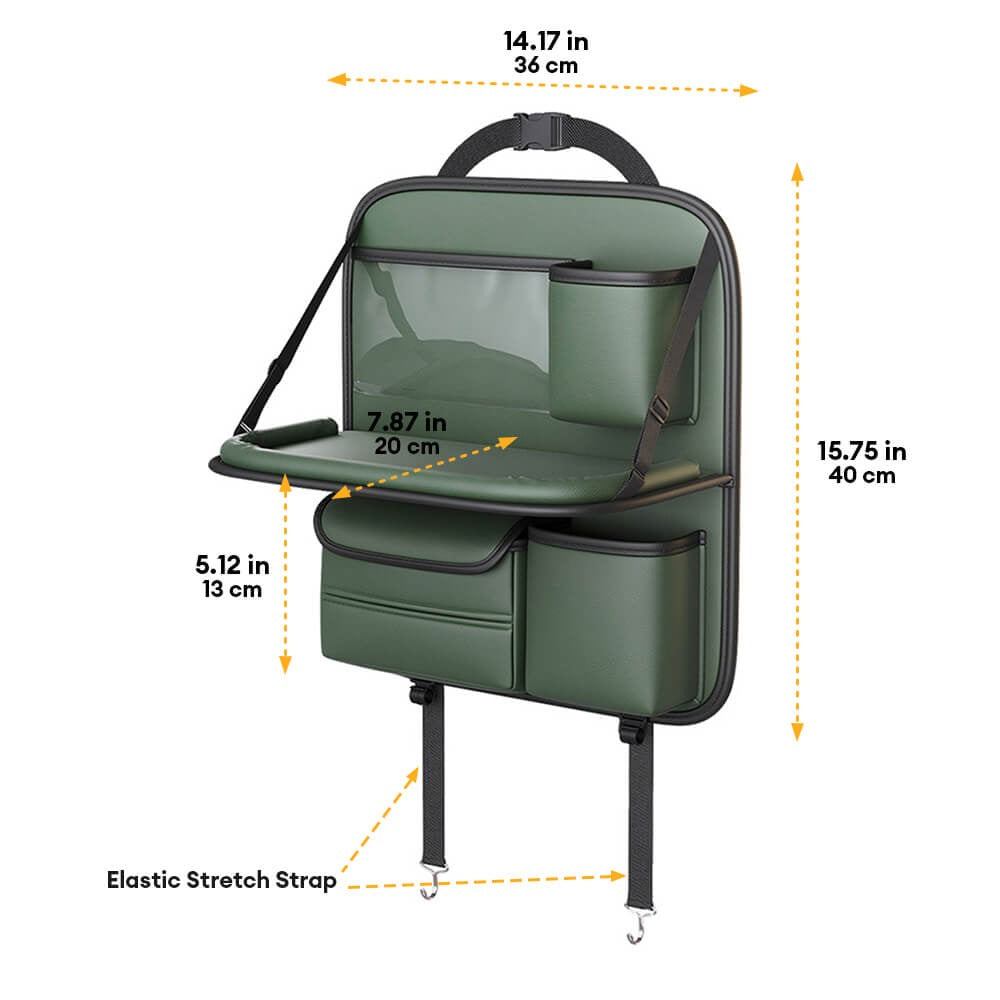 Sleek multi-color car back-seat organizer with sturdy foldable tray table for organized travel.