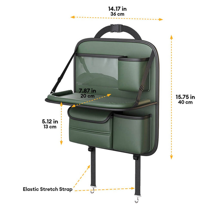 Sleek multi-color car back-seat organizer with sturdy foldable tray table for organized travel.
