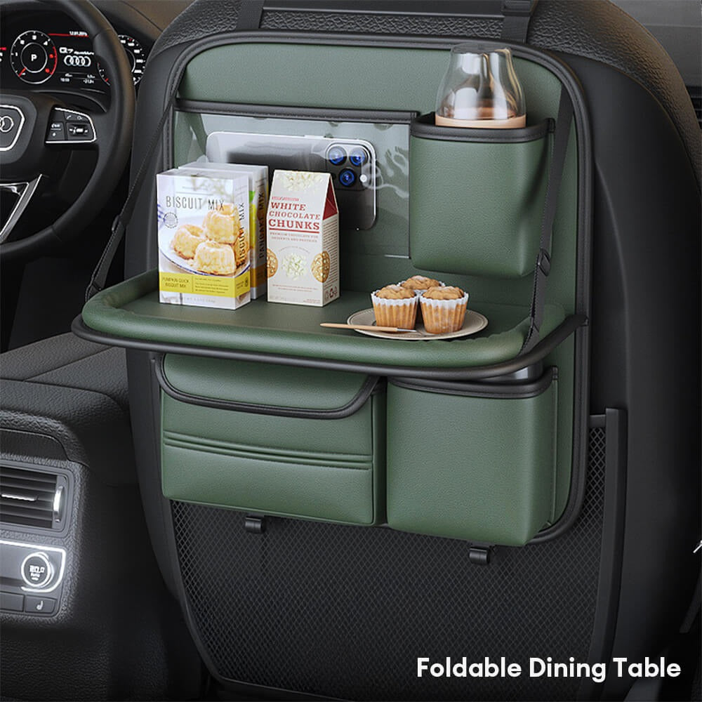 Essential car travel accessory: back-seat organizer with tray table for long road trips & storage.