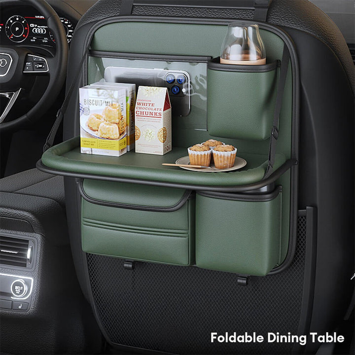 Essential car travel accessory: back-seat organizer with tray table for long road trips & storage.