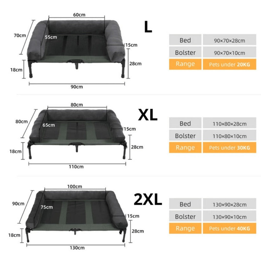 Washable elevated dog bed with bolstered sides, perfect for large dogs. Orthopedic indoor/outdoor pet furniture for ultimate comfort.