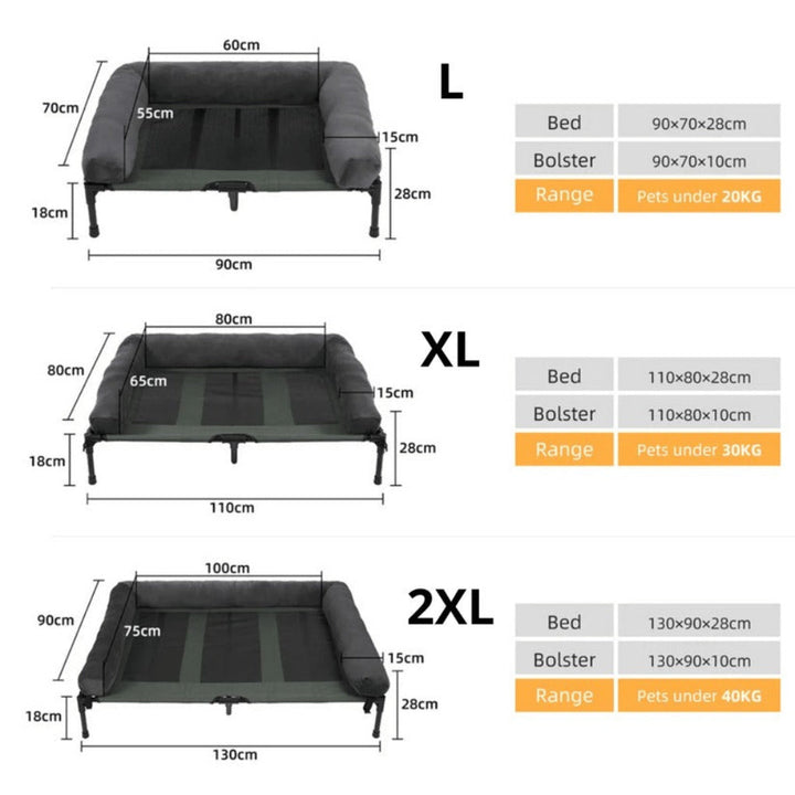 Washable elevated dog bed with bolstered sides, perfect for large dogs. Orthopedic indoor/outdoor pet furniture for ultimate comfort.