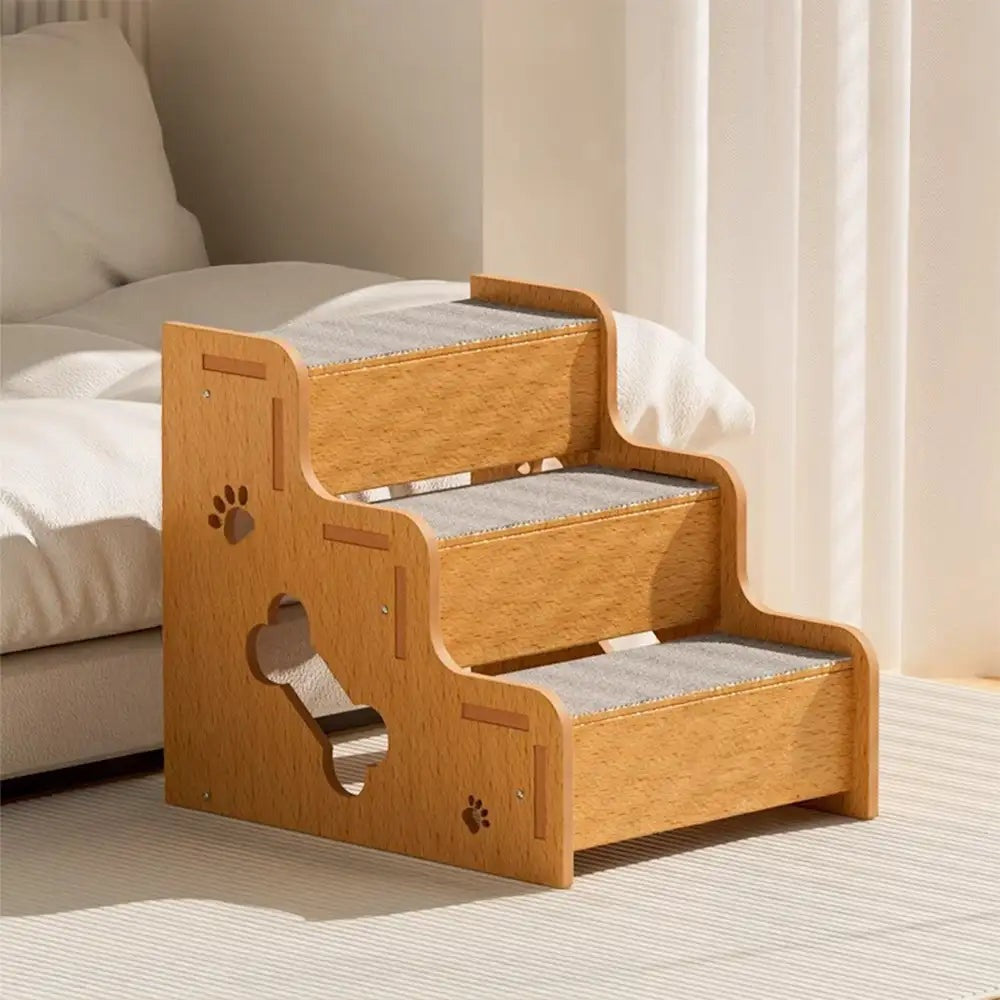 New wooden dog ramp steps, non-slip access for small dogs & cats. Indoor pet mobility aid & furniture.