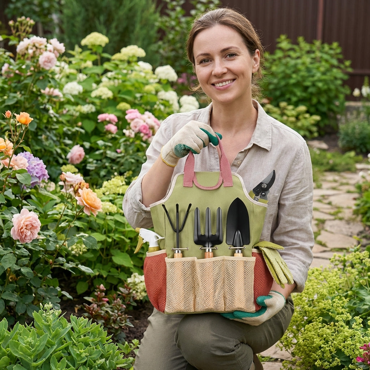 Durable hand tools: trowel, transplanter, cultivator, and weeder from essential garden tool set for versatile outdoor use.