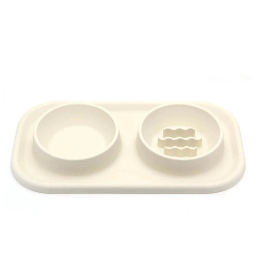 Non-slip silicone & stainless steel dual pet bowl. Anti-gulp slow feeder for improved dog & cat digestive health.