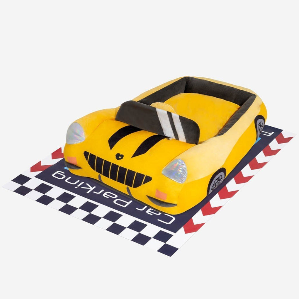 Durable & non-slip convertible yellow race car dog bed, perfect for play and comfort for small & medium pets.