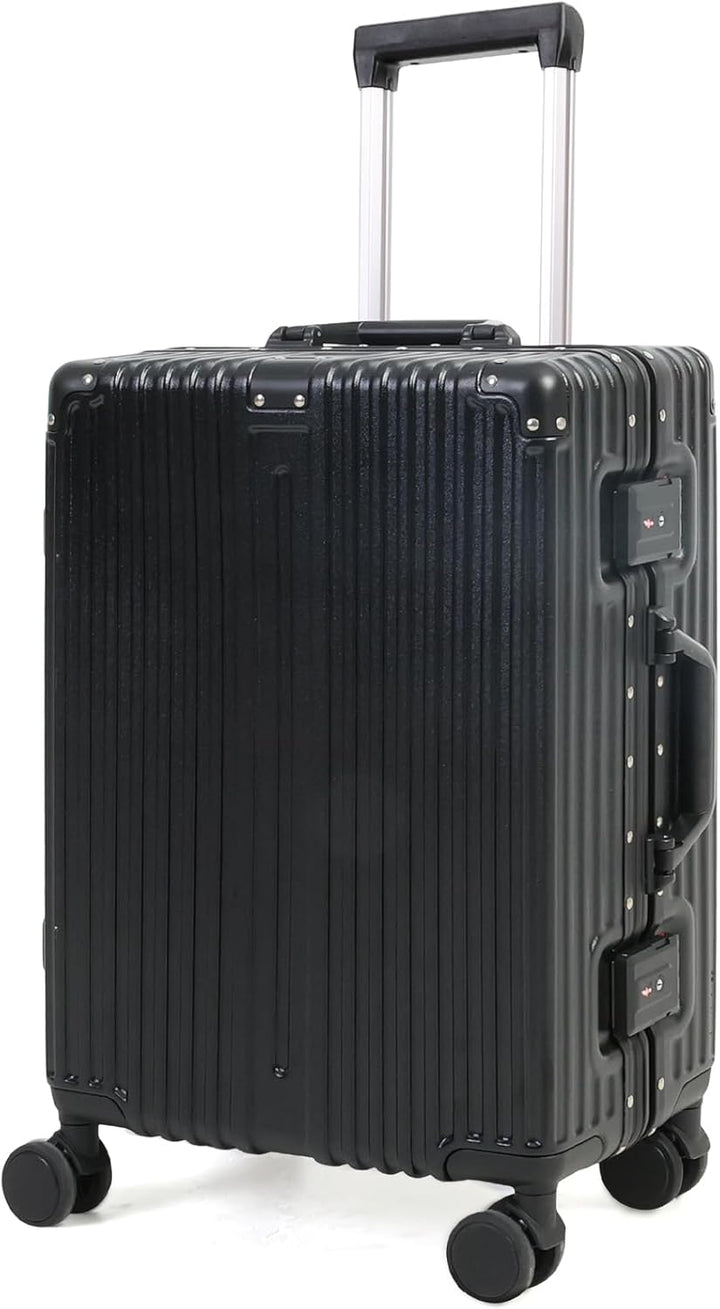 Durable black hardshell carry-on luggage with TSA lock and silent spinner wheels for easy travel.