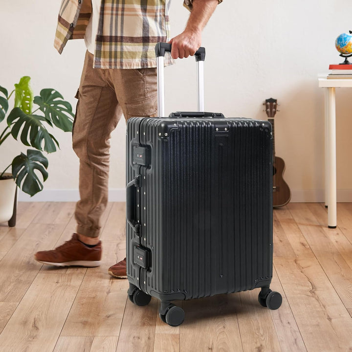 Robust hardshell carry-on suitcase, black, built for durability with TSA lock & smooth spinner wheels.