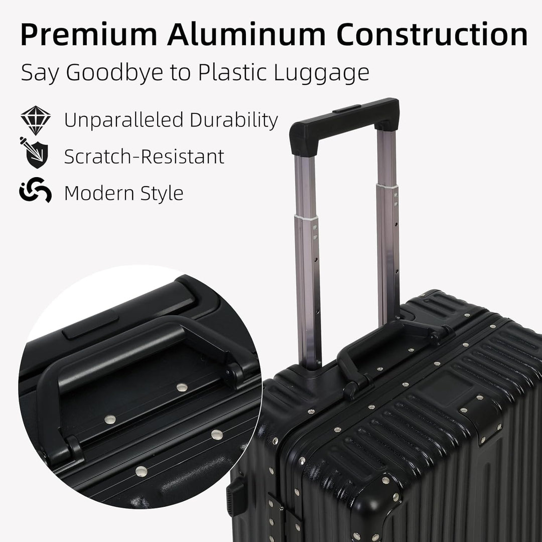Compact carry-on luggage, black hardshell, featuring an integrated TSA lock & multi-directional silent spinner wheels.