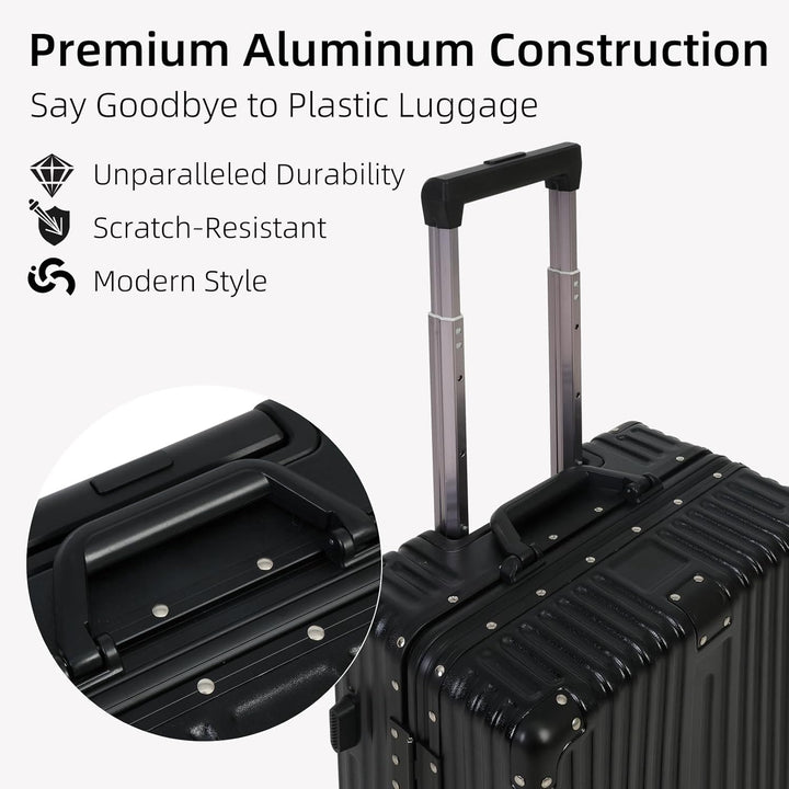 Compact carry-on luggage, black hardshell, featuring an integrated TSA lock & multi-directional silent spinner wheels.