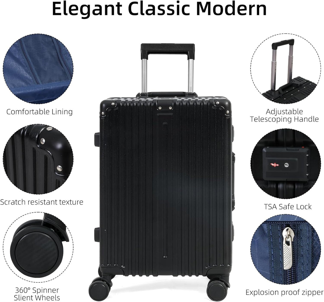 Black hardshell carry-on suitcase, perfect travel gear with TSA lock & silent spinner wheels for effortless airport navigation.