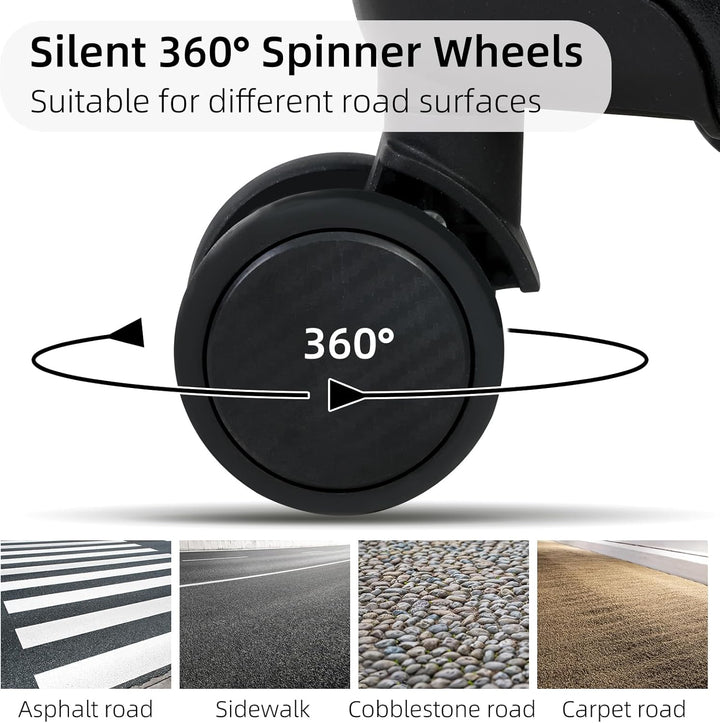Secure black hardshell carry-on with TSA lock and quiet, smooth-gliding spinner wheels for stress-free travel.