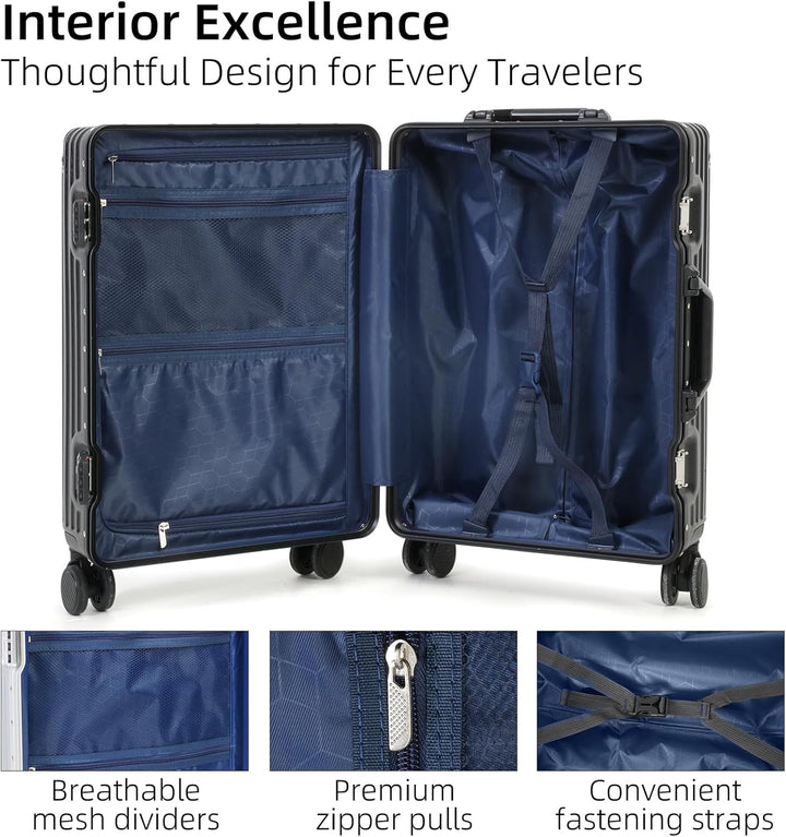 Sleek black hardshell carry-on luggage. Durable suitcase with TSA-approved lock and silent spinner wheels.