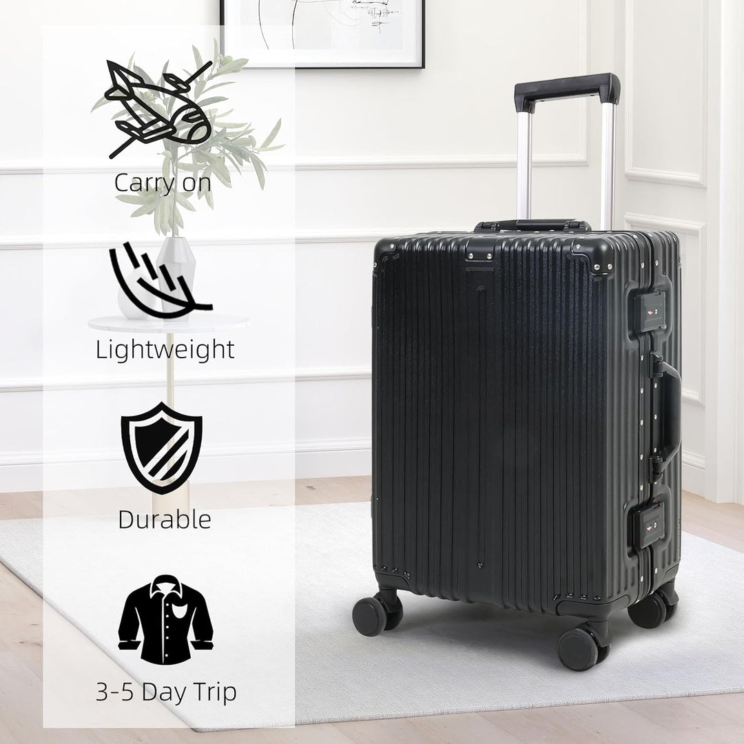 Premium hardshell carry-on luggage, black, featuring a TSA lock and responsive silent spinner wheels.