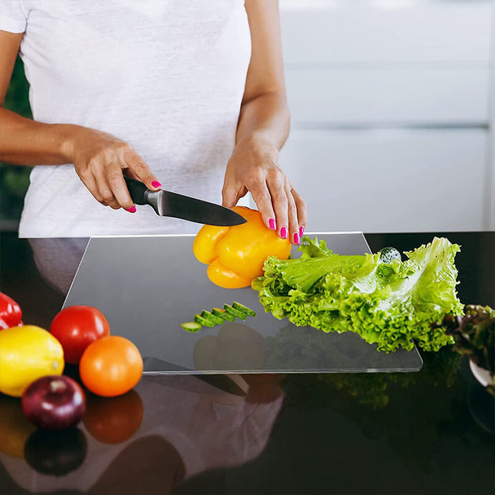 Stylish GlassEdge transparent acrylic cutting board, a non-slip and essential modern kitchen tool.