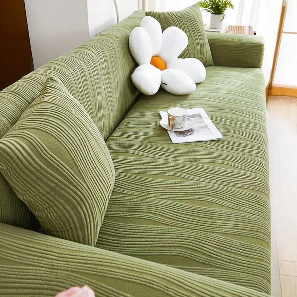 Washable elastic fit couch cover for full coverage. Easy-care sofa protector for your living room furniture.
